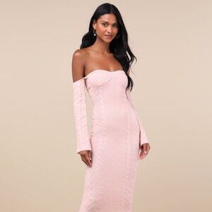 Lulus Cuddly Element Light Pink Cable Knit Off-the-shoulder Midi Dress - Size S